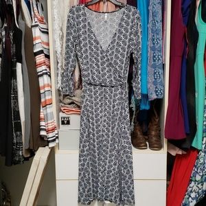 Navy and white faux wrap dress